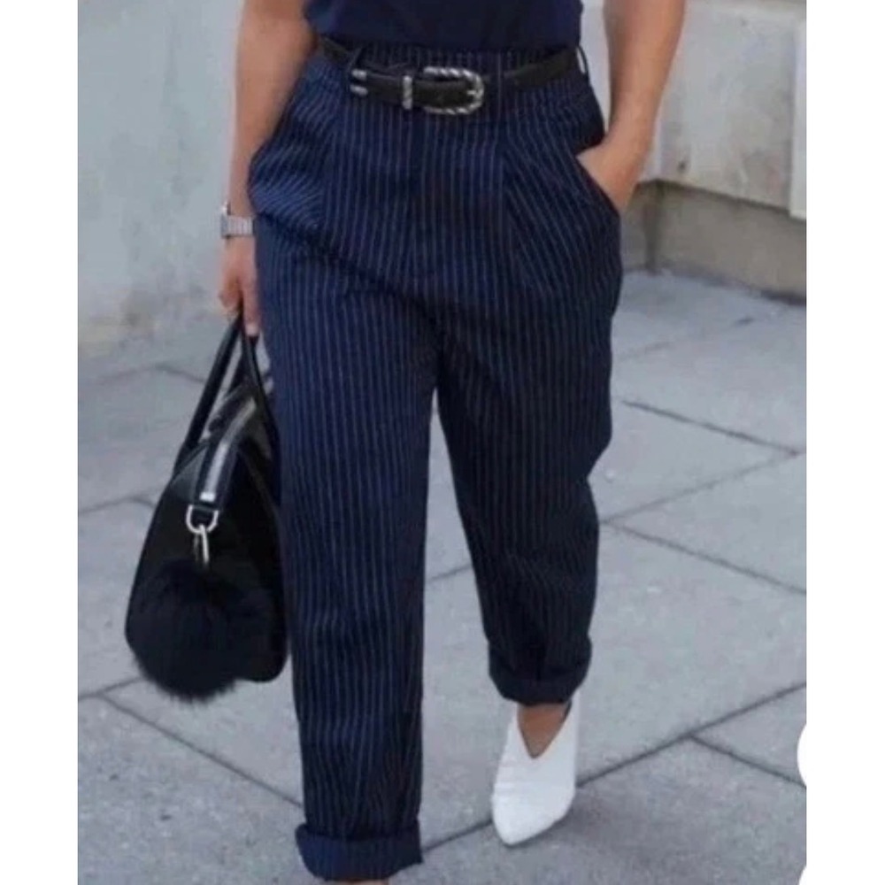 Everlane The Way High Drape Pinstripe Tapered Trousers Size 6 Cotton Tencel